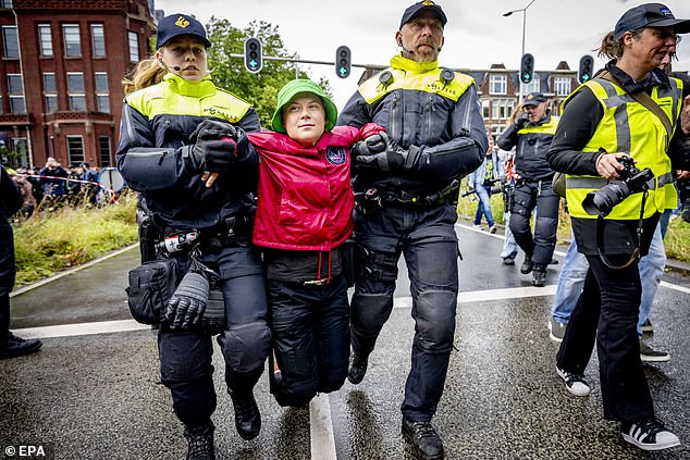 Greta Thunberg was taken away by police while firing a water cannon at demonstrators protesting against fossil fuels in the Netherlands earlier this year.