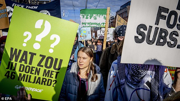 Thunberg participates in a march for climate and justice in Amsterdam on November 12, 2023