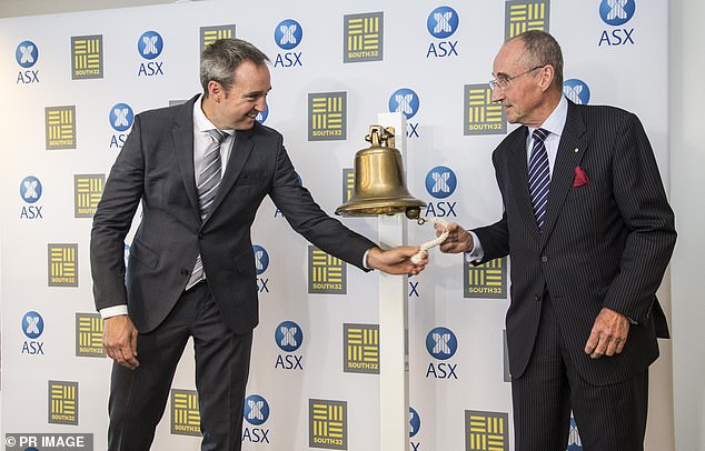 Crawford (pictured with Graham Kerr at South32's ASX launch in Perth) has been remembered as a titan in some of the country's biggest corporate boardrooms and an influential figure in Australia's arts and sporting scene.