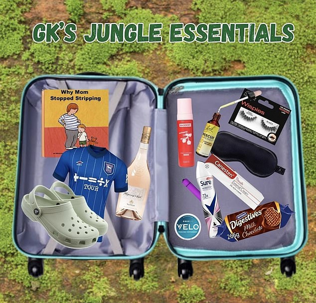 Her essentials also included a pair of Crocs slippers, a book called 'Why Mom Stopped Stripping', false eyelashes, dark chocolate Digestive cookies, a deodorant, a rescue remedy spray with a straw and a silky sleeping mask.