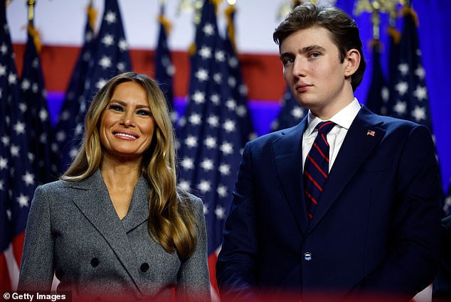 Former first lady Melania Trump and Barron Trump look on as Republican presidential candidate former US President Donald Trump speaks during an election night. The Daily Mail's latest survey found that of all the Trump children, Barron had the third most influence on his father