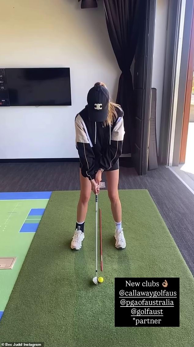 The AFL WAG, 41, took to her Instagram to show off her golf skills after purchasing new clubs.