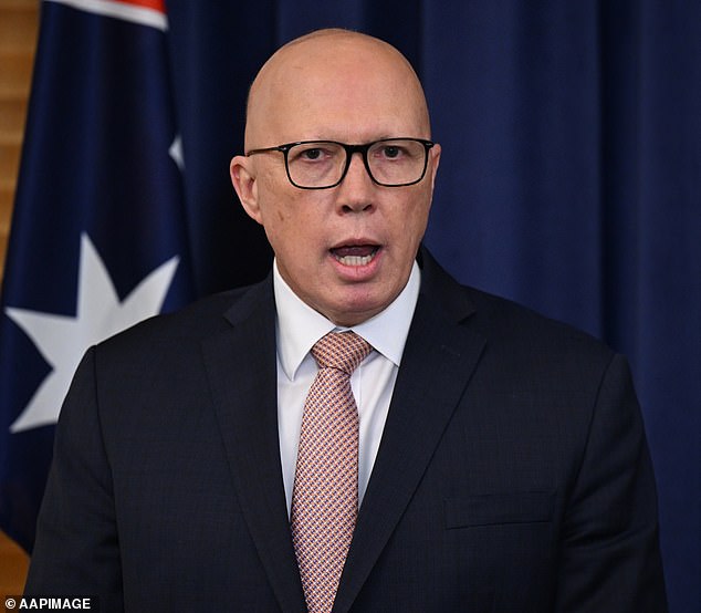 Opposition Leader Peter Dutton (pictured) announced on Monday that if elected Prime Minister next year he will only display the Australian flag at press conferences.