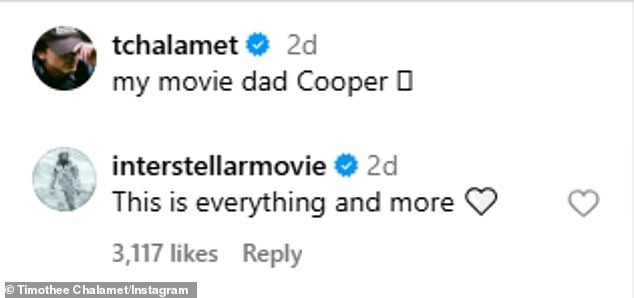 The 28-year-old Oscar nominee's post caught the attention of Interstellar's official Instagram account, which commented: 'This is everything and more!'