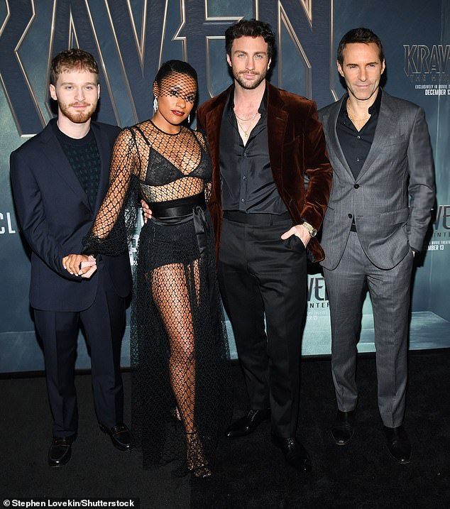 DeBose posed alongside co-stars Fred Hechinger (left), Aaron Taylor-Johnson (center) and Alessandro Nivola (right).