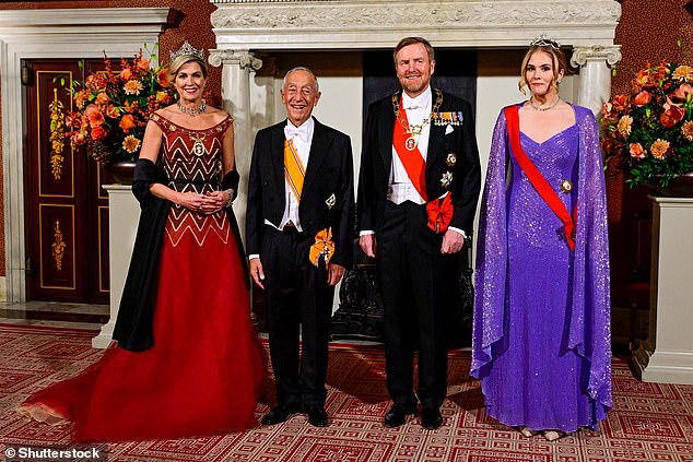 Princess Amalia, 21 (pictured far right) joined her parents for the stunning occasion in a stunning purple dress. From left to right: Queen Máxima, Lord de Sousa, King Willem-Alexander and Amalia