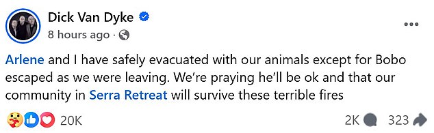 The actor, who is three days shy of his 99th birthday, revealed that their cat Bobo had escaped while they were evacuating. 