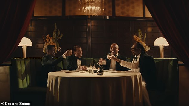 The commercial ends with Sinatra, Davis Jr, Dre and Snoop sharing a drink.