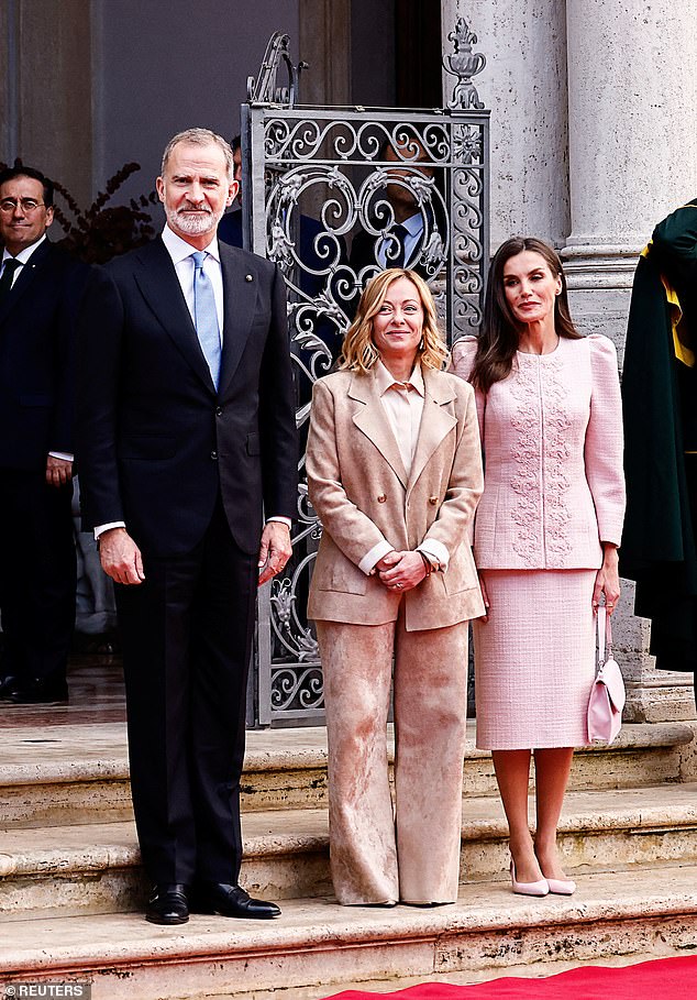 King Felipe VI (pictured) and Queen Letizia met with Italian Prime Minister Giorgia Meloni (center) in Rome