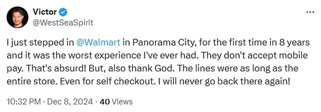 Victor claimed it was the first time he had visited a Walmart location in eight years