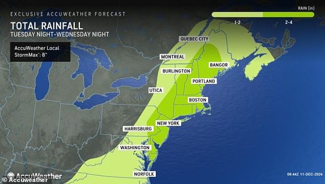 The atmospheric river and potential bomb cyclone are expected to dump a total of eight inches of rain in the Northeast