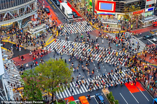 The Shibuya crossing stops all vehicles every 80 seconds, as up to 3,000 people wait for the traffic light to turn green before rushing in all directions across five pedestrian crossings.