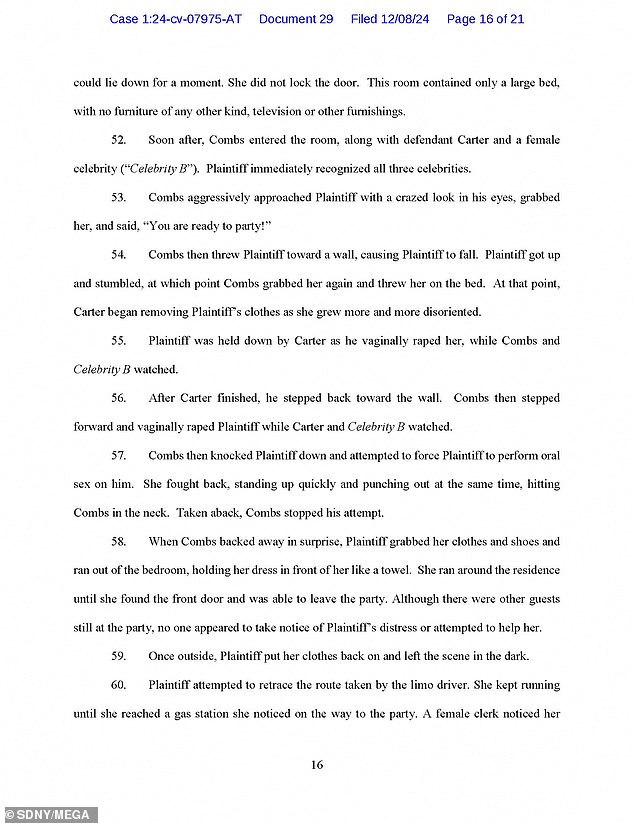 The 13-year-old girl was served a reddish-yellow drink at Diddy's after-party. After drinking it, she immediately felt sick and took refuge in an open room, before Jay-Z, Diddy and a third unnamed female celebrity entered the room where the alleged rape took place.