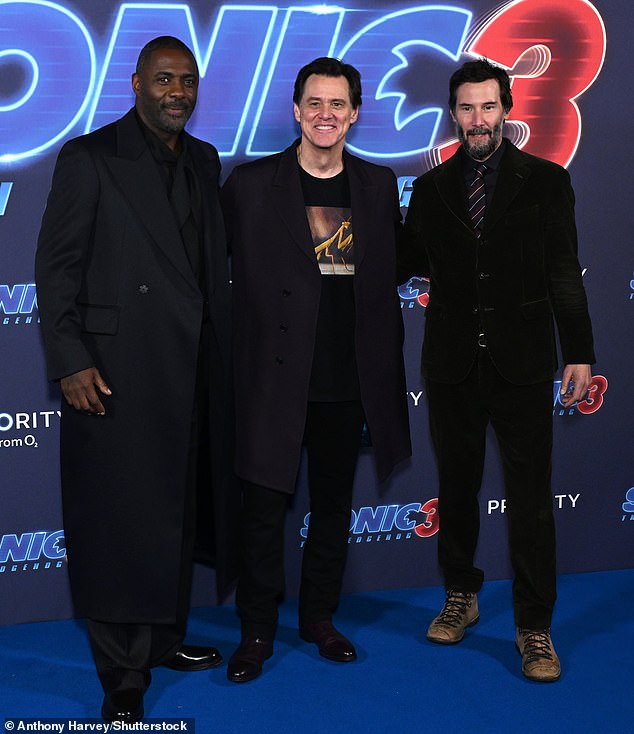 Jim is seen at the Sonic 3 movie premiere in London this week with co-stars Idris Elba and Keanu Reeves.