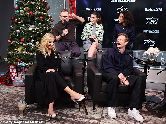 The mother of two children was accompanied by her co -star Christian Slater, Molly Brown, Patrick Gibson and Christina Milian to film for the Siriusxm Podcast Hall.