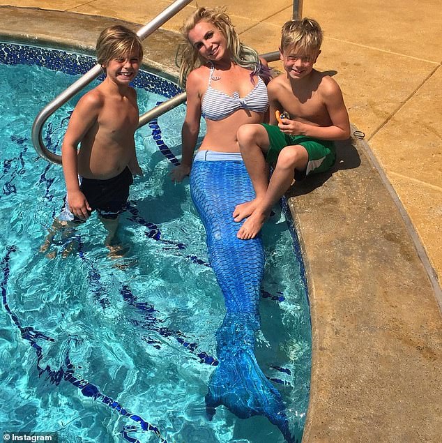 In 2017, the Toxic singer relaxed by the pool with her two children and her meter-long stretchy mermaid tail.