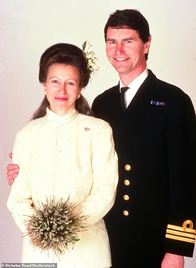 Anne with her husband, Sir Timothy, on their wedding day. Anne wears a £400 Tom Bowker jacket and skirt