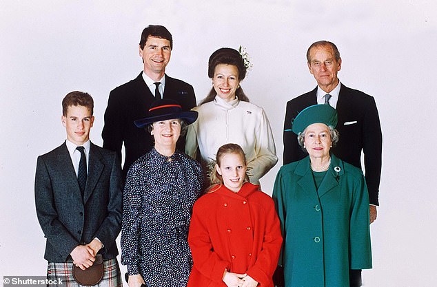 Peter Phillips, Sir Timothy, Anne, Prince Philip, Zara Tindall and the Queen on December 12, 1992