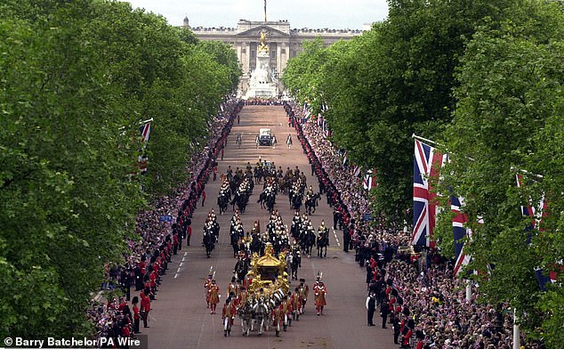 The Golden Coach carrying Queen Elizabeth II during the Golden Jubilee celebrations on The Mall