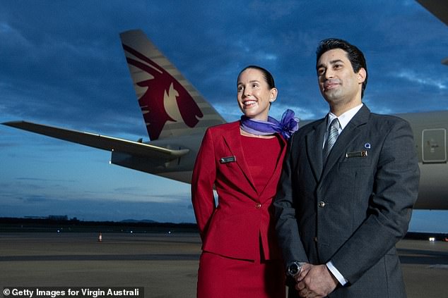 On Thursday, Virgin Australia launched a range of new flights to more than 100 destinations in the Middle East, Europe and Africa in partnership with Qatar Airways. Pictured are Virgin Australia and Qatar Airways cabin crew.