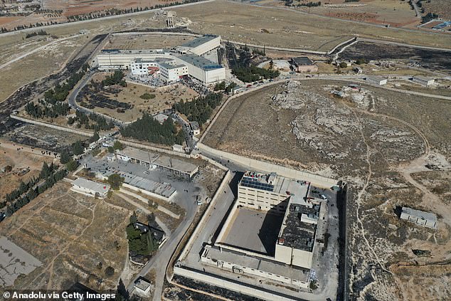 An aerial view of the 'White Building', also known as the execution block of the Sednaya prison, famous for torture under the overthrown regime of Bashar al-Assad in Damascus, Syria, on December 10, 2024.