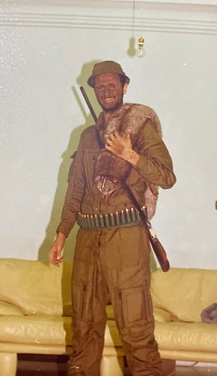 One image shows him in a khaki hunter costume with a gun and fur accessory.