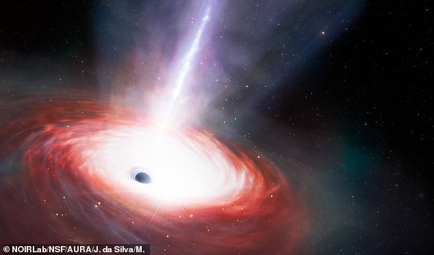 As black holes accumulate matter in an accretion disk, some of it accelerates and shoots out into space in the form of a large beam of plasma and radiation (artist's impression).