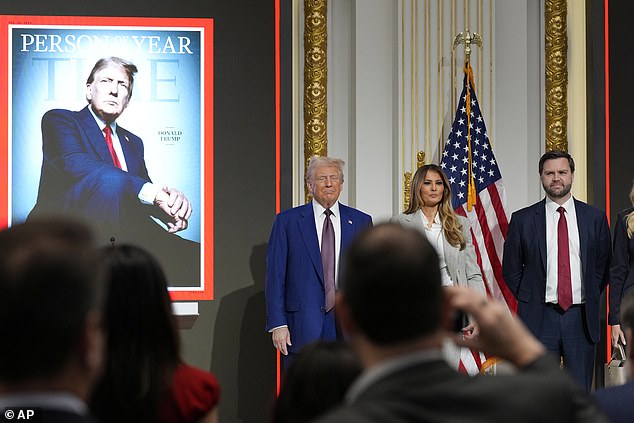 President-elect Donald Trump, Melania Trump and Vice President-elect JD Vance, during a Time Magazine Person of the Year ceremony at the New York Stock Exchange