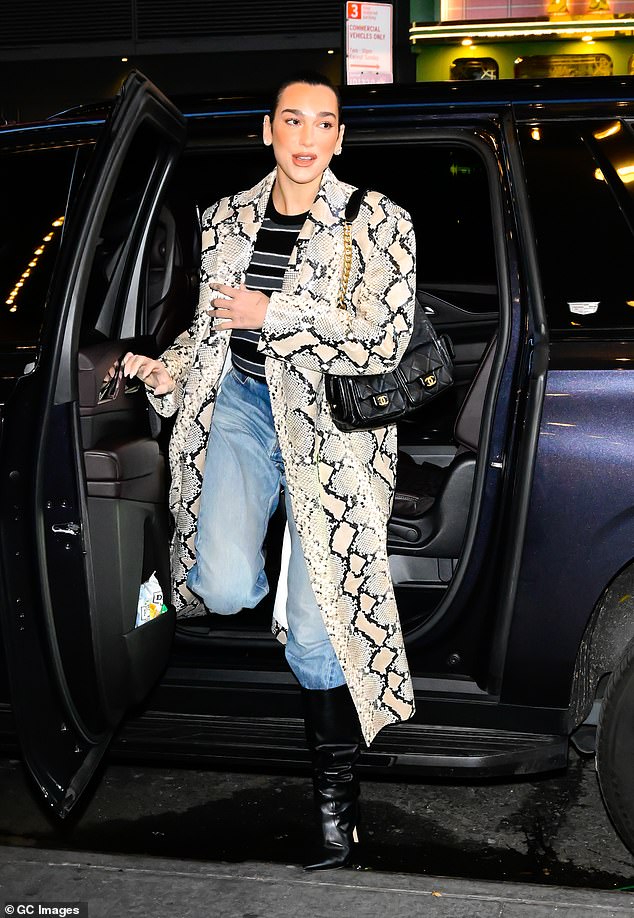 She also sported a grey, white and black striped sweater under the trendy coat, as well as a pair of slouchy leather boots.