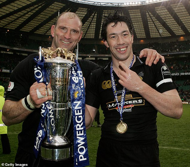 The athlete won nine caps for England during his career and in club rugby he played for teams such as London Wasps, Bath and Gloucester. Tom, right, in 2005 with Lawrence Dallaglio