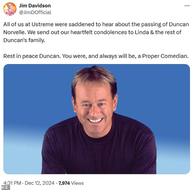 Comedian Jim Davidson also paid tribute to the star, taking to social media to write: 