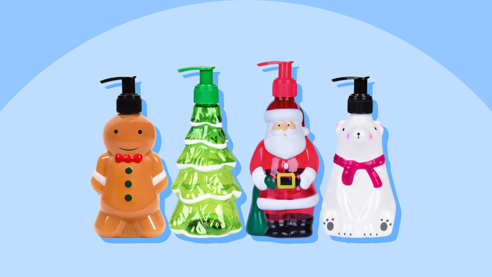 The Christmas-themed soap dispensers: a gingerbread man, a Christmas tree, Santa Claus and a polar bear.