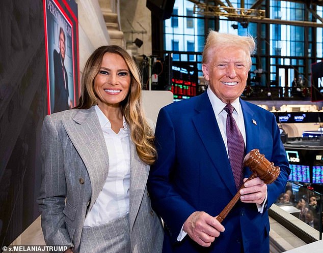 Alina Habba raved about 'beautiful Melania' Trump (left) who appeared next to President-elect Donald Trump (right) at the New York Stock Exchange on Thursday morning