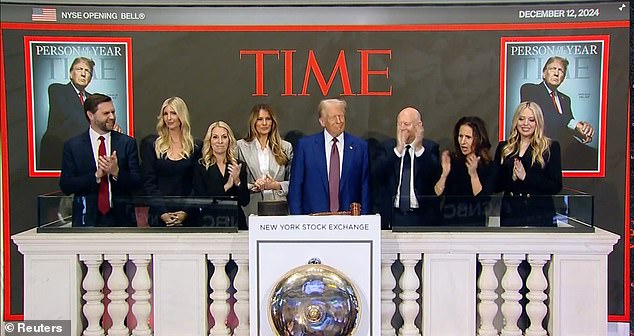 President-elect Donald Trump (center), Vice President-elect JD Vance (left) and family members, including Ivanka Trump (second from left), Melania Trump (fourth from left) and Tiffany Trump (right), appeared at the New York Stock Exchange ring the bell on Thursday