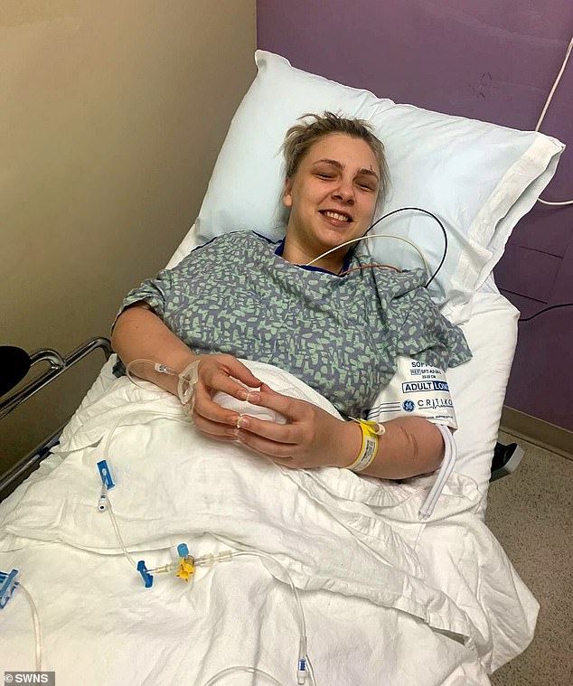 Kaylee Muthart is pictured after gouging out her own eyes. Doctors performed emergency surgery to completely remove what was left of her eyes in an effort to preserve her optic nerves and prevent infection