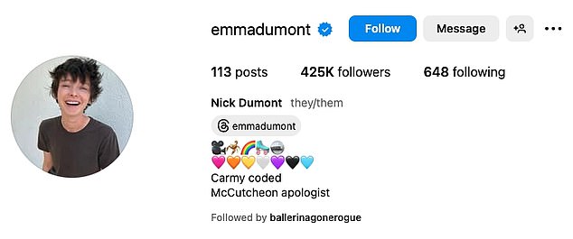 Dumont appears to have signaled his coming out by putting his new name and pronouns on his Instagram account.