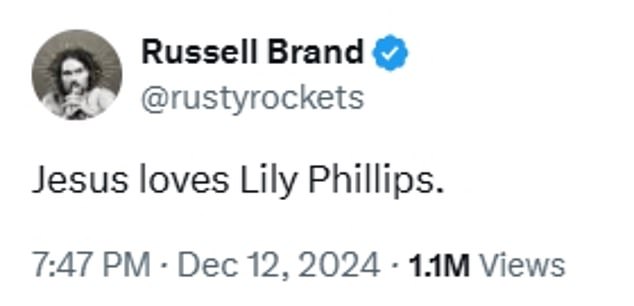 The comedian, who was baptized in April, posted on X that 'Jesus loves Lily Phillips' after the 23-year-old went viral for sleeping more than 100 men in one night