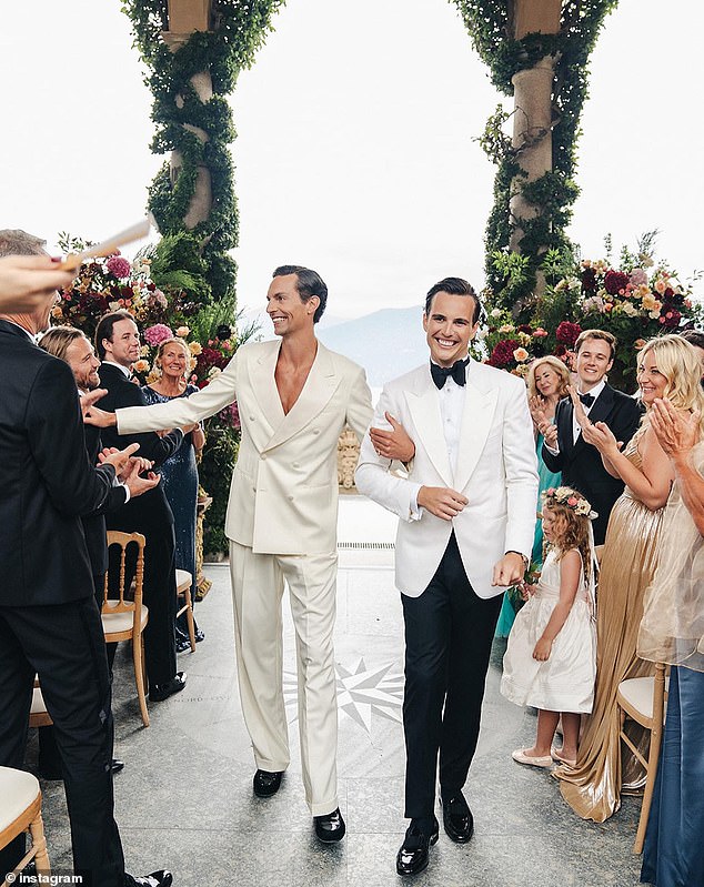 Four Seasons condom heir Michael Porter (right) and his husband Billy Mitchell (left) tied the knot in a lavish wedding in Lake Como, Italy, on Wednesday.