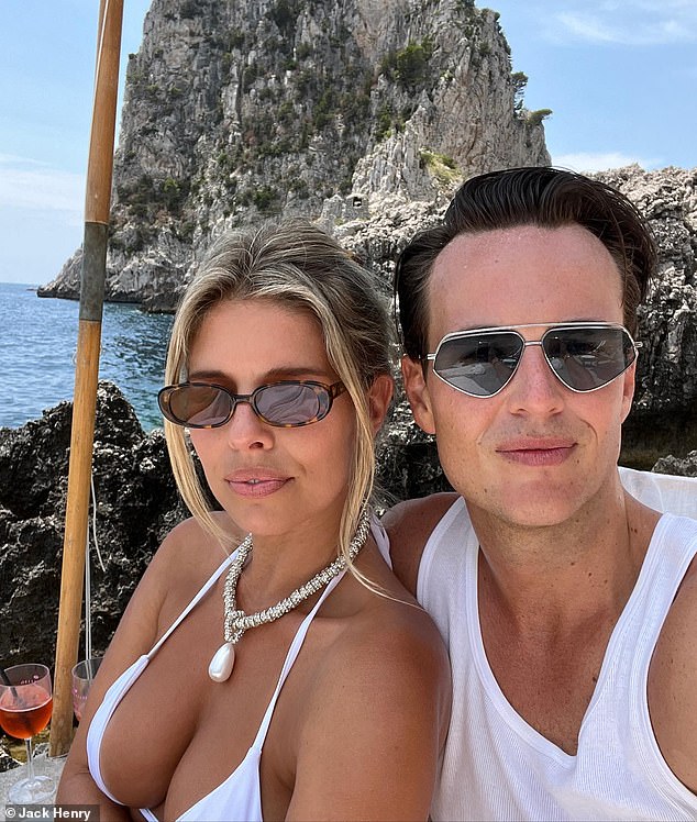 Monday Swimsuits founder Tash Oakley (left) and Michael Porter soak up the sun at her wedding recovery party, after she married liquor heir Theo Chambers on June 30, 2023.