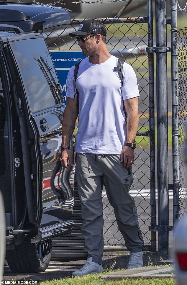 The next day, Thor actor Chris, 41, landed at Ballina Airport on a private jet as he arrived home after a mystery trip.