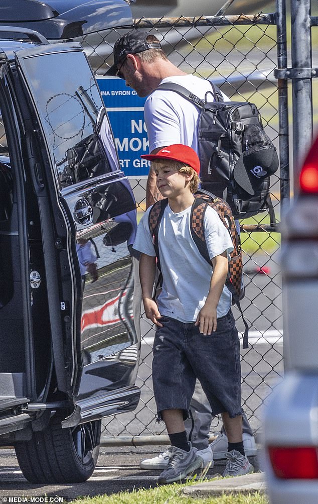 On Thursday, Chris was pictured landing at Ballina Airport alongside his son Tristan, 10, as they prepared to meet Elsa.