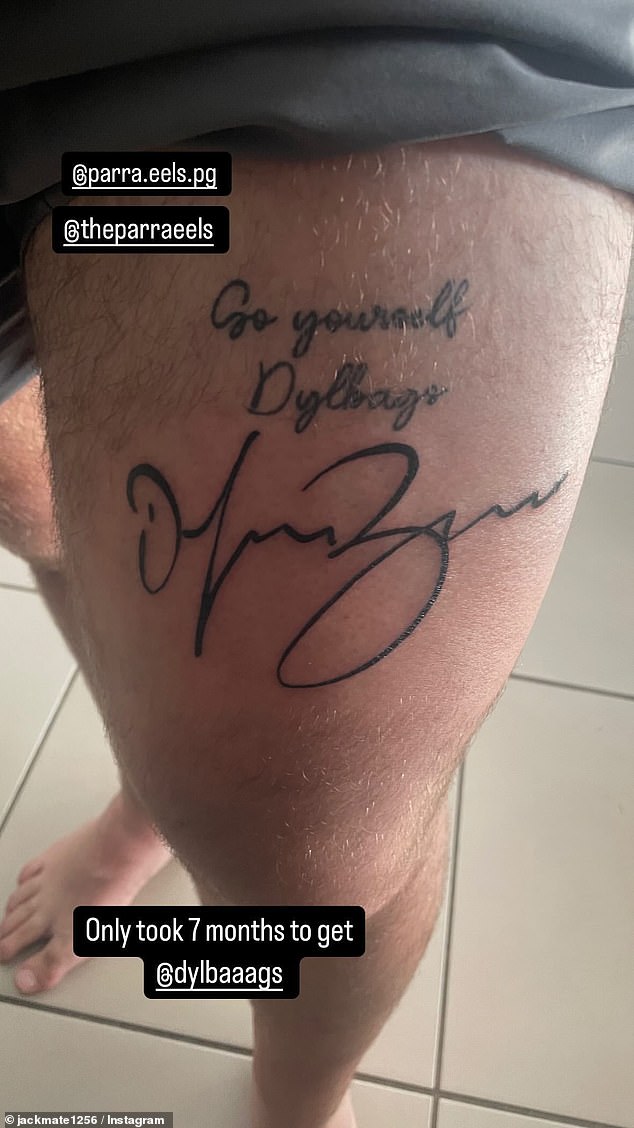 The 24-year-old now has a permanent reminder of his favorite player, Dylan Brown, tattooed on his thigh (Brown's signature pictured).