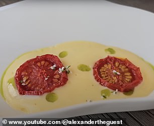 Preserved cherry tomatoes with sabayon (light sauce) of smoked butter and garlic oil