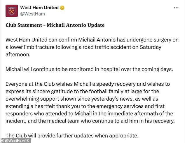 West Ham issued a statement last Sunday afternoon to confirm that Antonio underwent surgery.