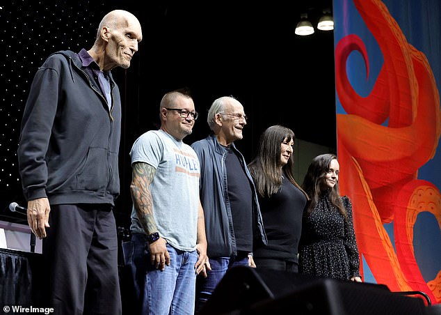 In October, he reunited with the cast of The Addams Family at the Los Angeles Comic Con, more than 30 years after the film's release; (From left to right) Struycken, Workman, Lloyd, Huston and Ricci