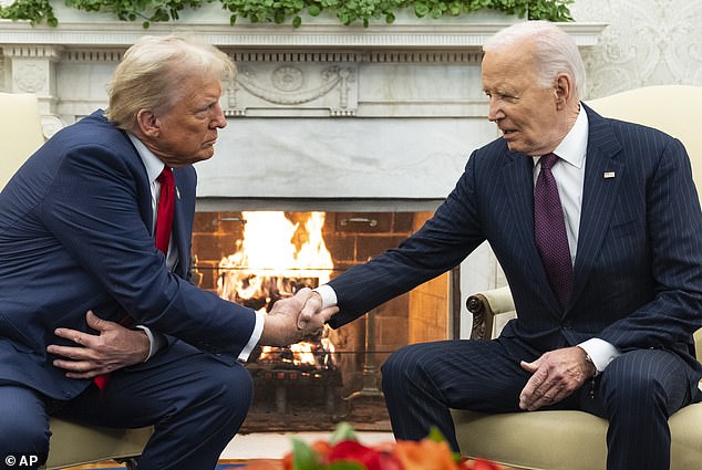 President-elect Donald Trump (left) shakes hands with President Joe Biden (right) during their Oval Office meeting on November 13. The transition was held up because Trump's team refused to sign three MOUs with the federal government