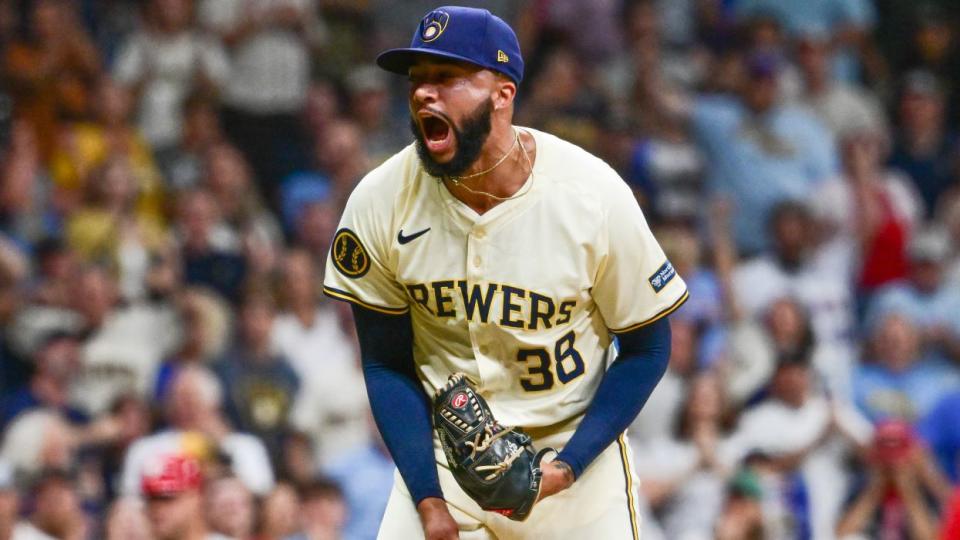 September 18, 2024; Milwaukee, Wisconsin, United States; Milwaukee Brewers pitcher Devin Williams (38) reacts after pitching in the ninth inning against the Philadelphia Phillies at American Family Field.