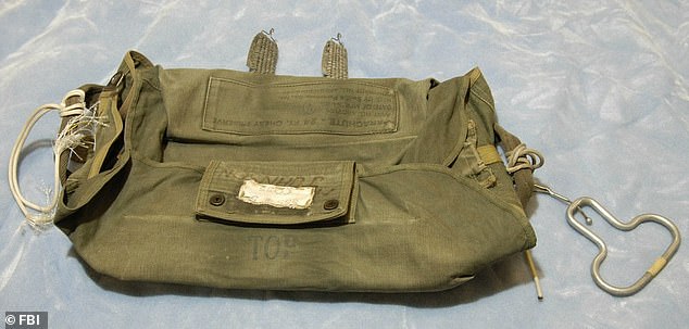 The canvas bag containing one of the parachutes given to DB Cooper by Cossey in 1971