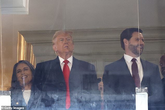 (From left to right)) National Intelligence Director candidate, former US Representative Tulsi Gabbard, US President-elect Donald Trump and Vice President-elect JD Vance