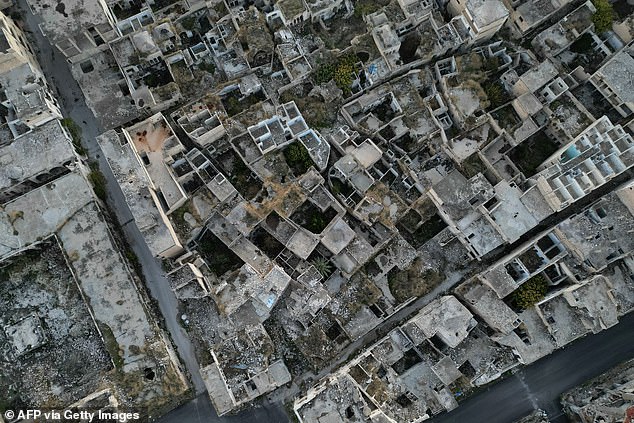 This aerial view shows a destroyed building in Maaret al-Numan in Syria's northwestern Idlib province on December 14.